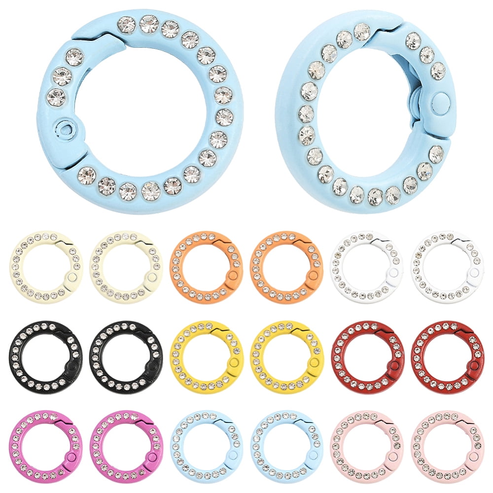 18Pcs 9 Colors Zinc Alloy Rhinestone Spring Gate Rings Flat Round Mixed ...