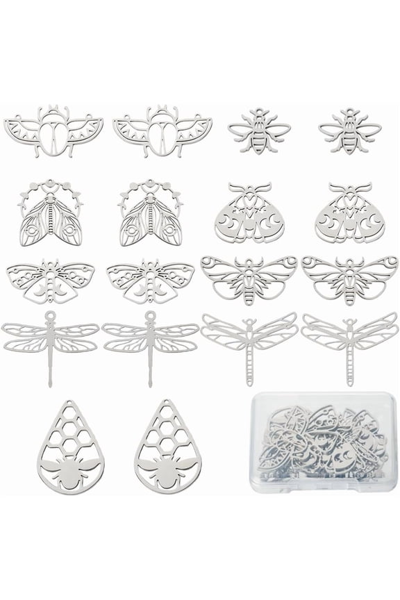 18Pcs 9 Style 304 Stainless Steel 201 Stainless Steel Filigree Charms Butterfly Beetle Dragonfly Stainless Steel Color