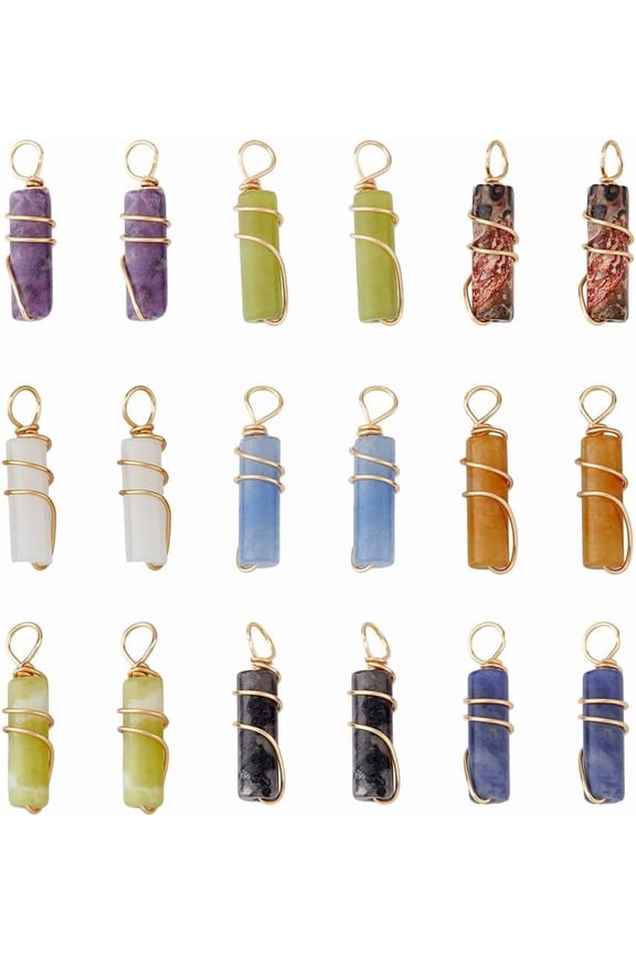 18Pcs 9 Styles Gemstone Pendants Column Natural Mixed Stone Charms with Light Gold Copper Wire Wrapped Stone Pendants Charms for DIY Making