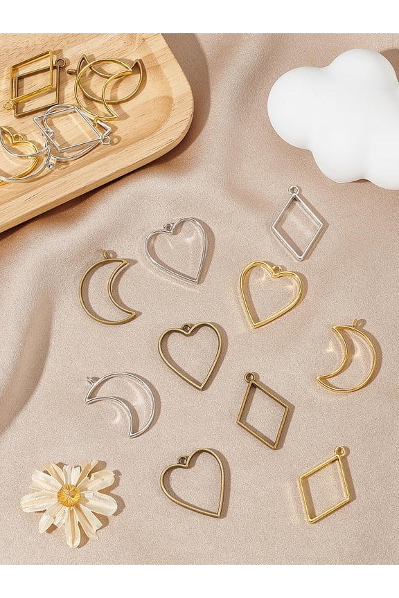 18Pcs 9 Styles Rack Plating Alloy Rectangle Open Back Bezel Pendants For DIY UV Resin Epoxy Resin Pressed Flower Jewelry Mixed Color 34~39x25.5~30.2x3.5~3.7mm hole: 2.4~3mm 2pcs/style