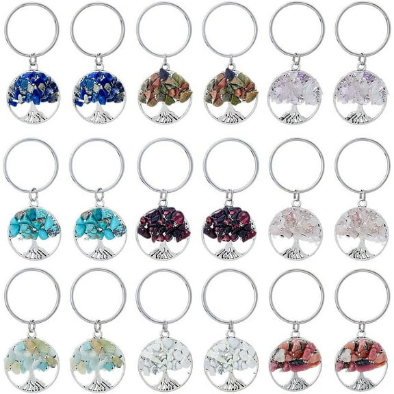 18Pcs 9 Styles Tree of Life Keychain Natural Stone Handmade DIY Keychain Charm Pendant Gemstone Key Chain Charm for Handmade DIY Lucky Bag Charms Keyring