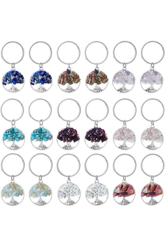 18Pcs 9 Styles Tree of Life Keychain Natural Stone Handmade DIY Keychain Charm Pendant Gemstone Key Chain Charm for Handmade DIY Lucky Bag Charms Keyring