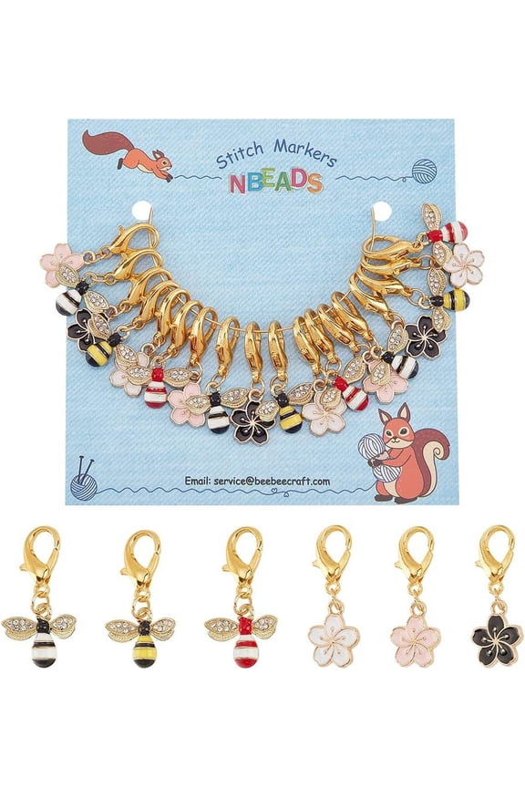 18Pcs Alloy Enamel Sakura Bee Pendant Decorations Lobster Clasp Charms Clip-on Charms for Keychain Purse Backpack Ornament Stitch Marker Mixed Color 32~33mm