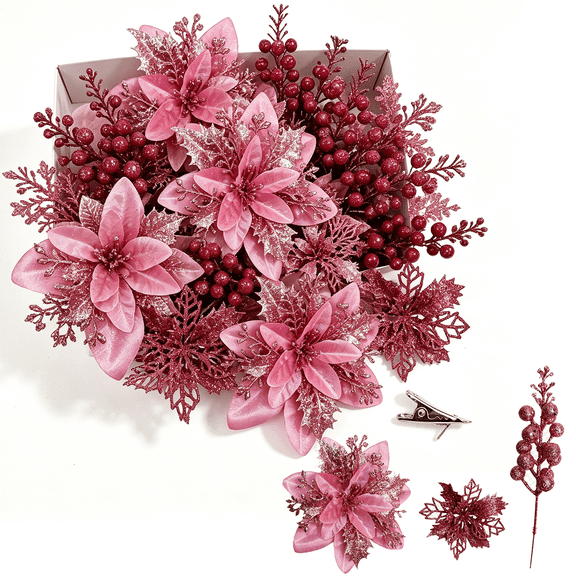 18Pcs Artificial Poinsettia Christmas Decorations, Glitter Flowers with Berries & Pine Needles Picks, Holiday Home Décor with Clips, Pink