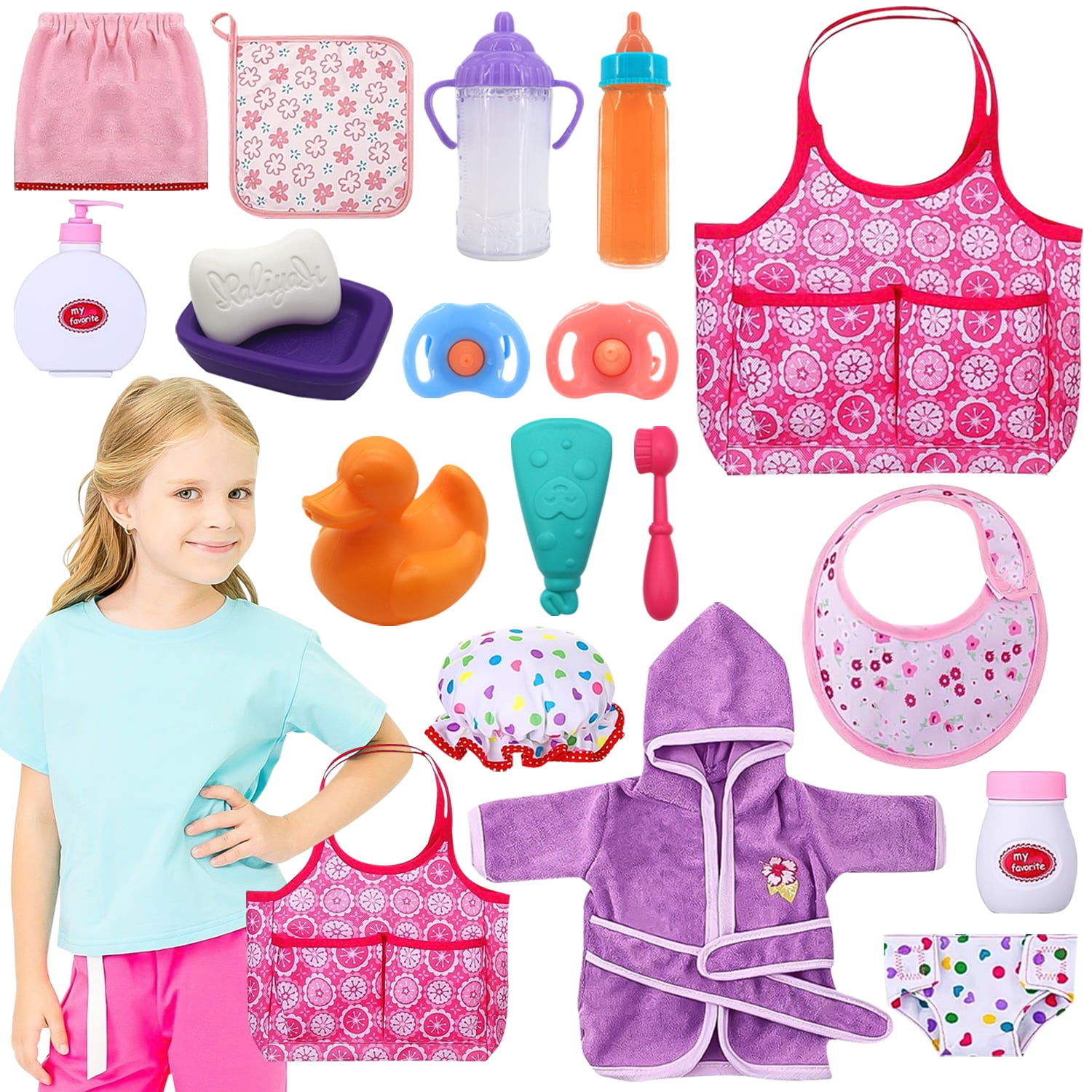 18Pcs Baby Doll Accessories, Baby Doll Bath Set, Doll Pretend Play Set for Girls Gift
