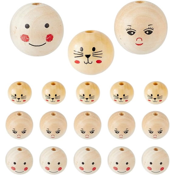 18Pcs Ball Wood Beads Face Printed Wood Beads 30/33.5mm Smooth Loose Beads 6/7mm Large Hole Cute Human Face Wooden Beads for DIY Craft Brecelet Jewelry Making Multi-color