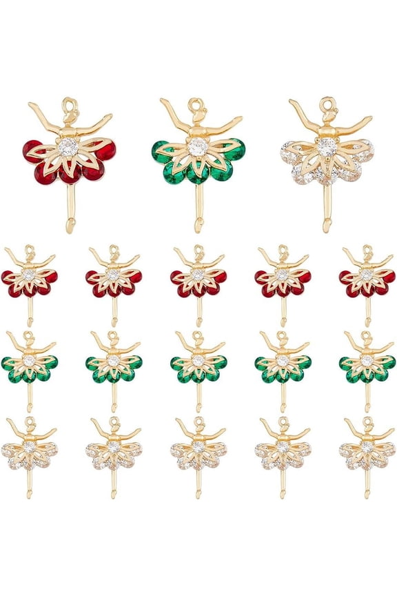 18Pcs Ballet Dancer Charms 3 Colors Rhinestone Ballerina Charms Facted Glass Dancer Pendants with Micro Pave Cubic Zirconia Findings for DIY Making
