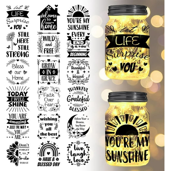 18Pcs Blessing Phrase Rub on Transfer 3.9x3.6inch Wishes Words Home Decals Leaves Flower Rainbow Cup Transfer Decals for Furniture Vase Glass Art Crafts Decorations