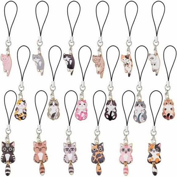 18Pcs Cat Phone Strap 8.8-10.2cm Kawaii Cat Phone Strap Charms Enamel Cat Charms for Mobile Phone Cute Hanging Cat Phone Strap