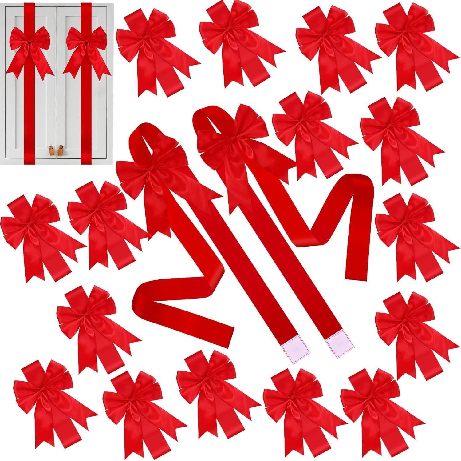 18Pcs Christmas Cabinet Door Ribbons Bows 8 x 40 Inches Large Christmas Wreath Tree Bow for Gift Xmas Cabinets Furniture Kitchen Wrapping Party Decorations (Red)
