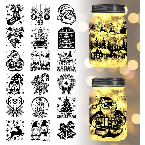 18Pcs Christmas Transfer Stickers 3.9x3.6inch Santa Claus Decals Stickers Snowman Rub on Transfer for Furniture Vase Glass Decorations Art Crafts