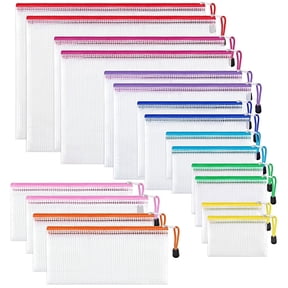 Style-Carry 18Pcs Clear Mesh Zipper Pouch, Waterproof Plastic Document Bags, Freestanding File Organizers, Pencil Pouch for Office, Home (8 Sizes 9 Colors)