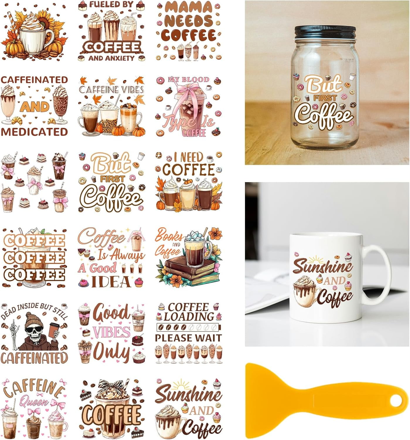 18Pcs Coffee Copywriter Rub on Transfer 3.9x3.6inch Colorful Cappuccino