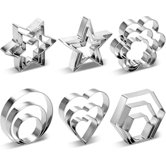 18Pcs Cookie Cutters Set,Stainless Steel Biscuit Cutter Shapes with Heart,Star, Flower, Round,Hexagon,Large Small Mini Sizes Variety Pack Cookie Molds for Baking,Sandwiches, Cake,Fruit,Veggie