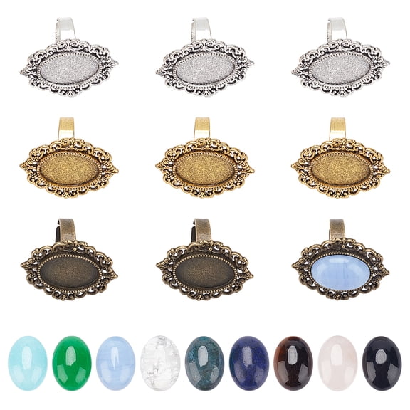 18Pcs DIY Finger Ring Making Kits Including Adjustable Iron Finger Ring Components Alloy Cabochon Bezel Settings and 9 Styles Cabochons Mixed Color