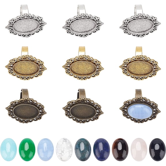 18Pcs DIY Natural Gemstone Finger Ring Making Kits Including Adjustable Iron Finger Ring Components Size 7 17mm Oval Tray: 18x13mm