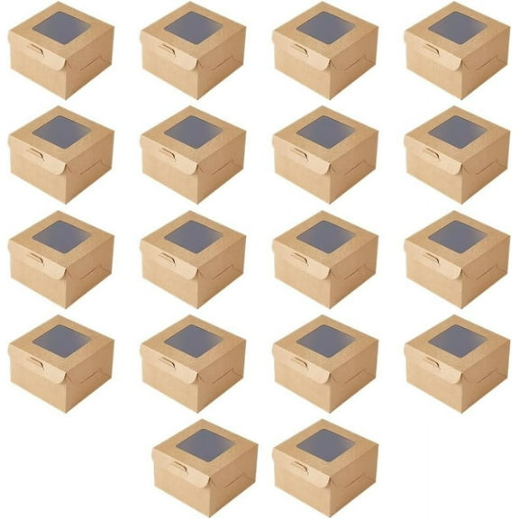 18Pcs Dessert Box Cookie Boxes 4x4x2.52 inch Kraft Paper Box with Window Small Bakery Box Mini Cake Boxes Pastry Box for Soap Cupcakes Cookies Macarons Muffins Packaging BurlyWood