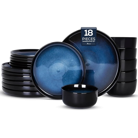 18Pcs Dinnerware Sets,Stoneware Plates and Bowls Set for 6, Chip & Scratch Resistant Dish Set, Handmade Reactive Glaze, Oven, Microwave & Dishwasher Safe, Dreamy Moonlight-Blue