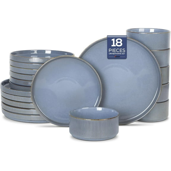 18Pcs Dinnerware Sets,Stoneware Plates and Bowls Set for 6, Chip & Scratch Resistant Ribbed Dish Set, Handmade Reactive Glaze, Oven, Microwave & Dishwasher Safe, Gray Blue