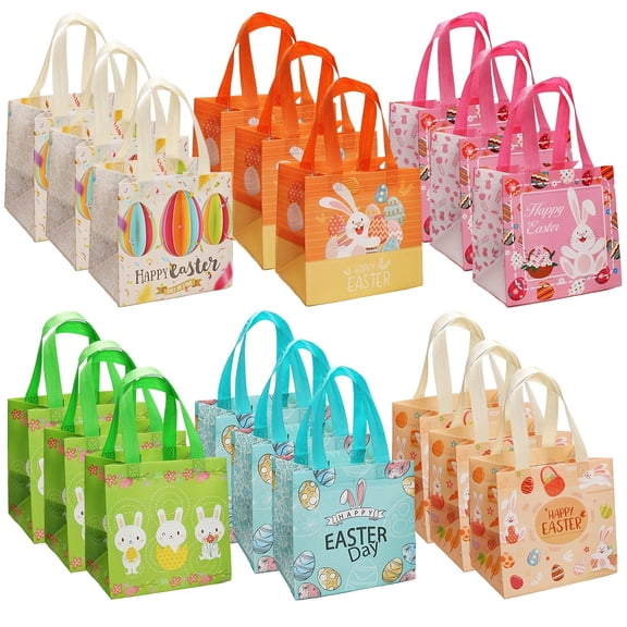 18Pcs Easter Gift Bags, Colorful Reusable Non-woven Easter Tote Bags with Cute Bunny and Egg Designs, Ideal for Easter Egg Hunts, Party Favors, Easter Goodie Bags, Spring Celebrations