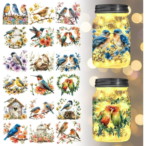 18Pcs Flowers and Bird Transfer Stickers 3.9x3.6inch Hummingbird Branch Decals Stickers Wreath Rub on Transfer for Furniture Vase Glass Decorations Art Crafts