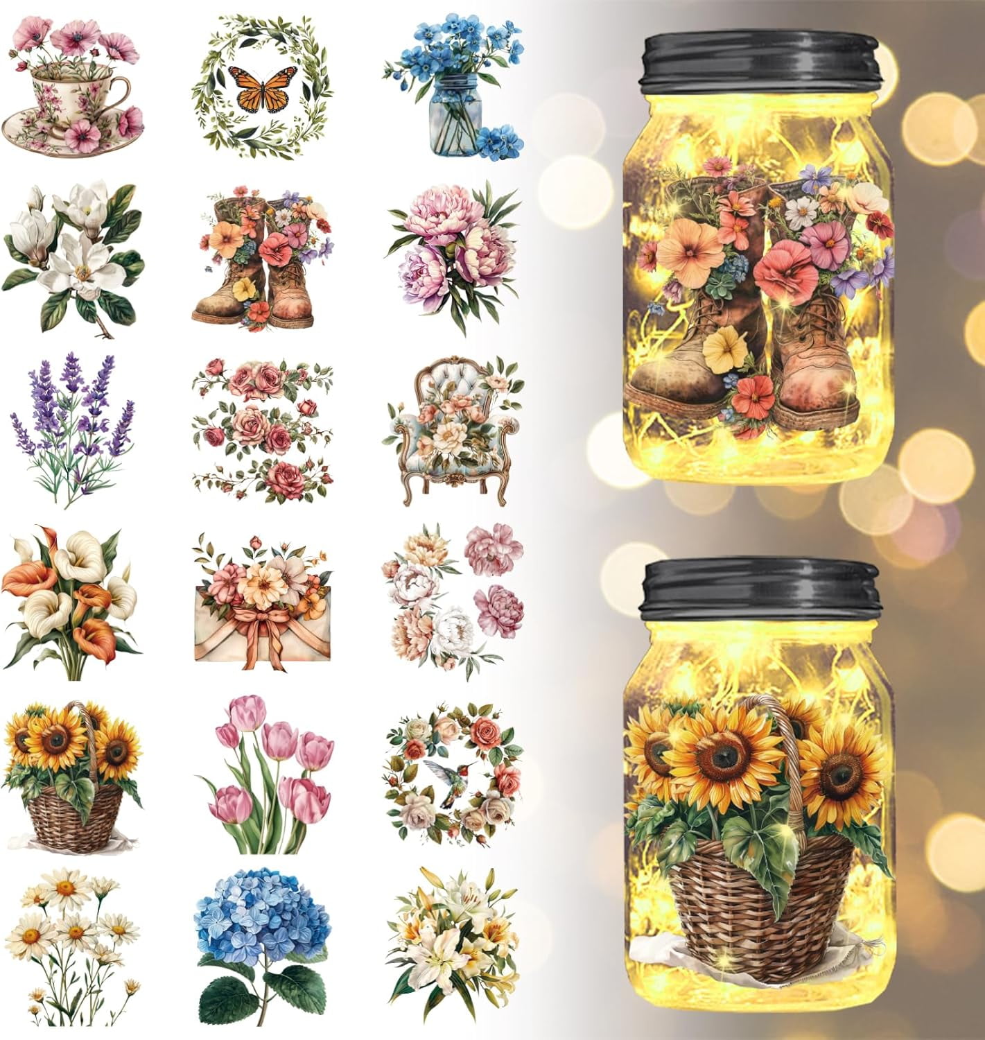 Flower Transfer Stickers 18Pcs Flowers Transfer Stickers 3.9x3.6inch Butterfly Sunflower Decals ...