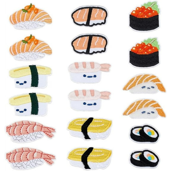 18Pcs Food Iron on Patches 9 Styles Sushi Embroidered Repair Patches Sashimi Temaki Chirashi Applique for Clothes Bags Hats Jacket Jeans Backpacks Decoration Colorful