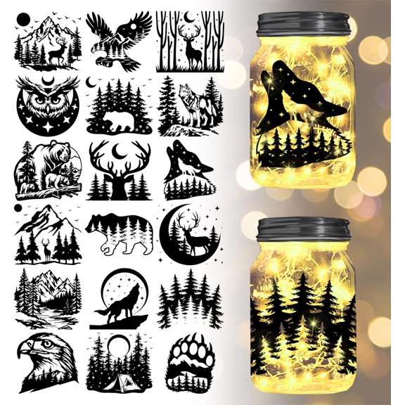 18Pcs Forest Transfer Stickers Animal Decals Stickers Wolf Deer Bear Eagle Rub on Transfer for Furniture Vase Glass Decorations Art Crafts