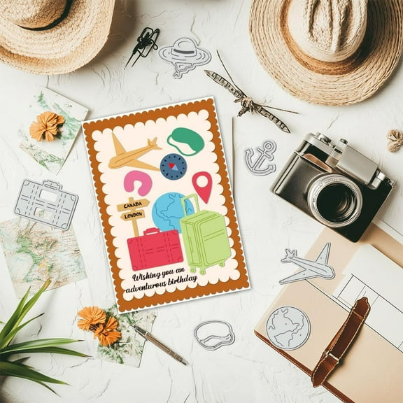 18Pcs Globe Travel Metal Cutting Dies Stencils for Card Making Suitcase Camera Die Cuts Paper Embossing Cutting Dies Kit Templates Storage Pockets Supplies for Scrapbooking Album