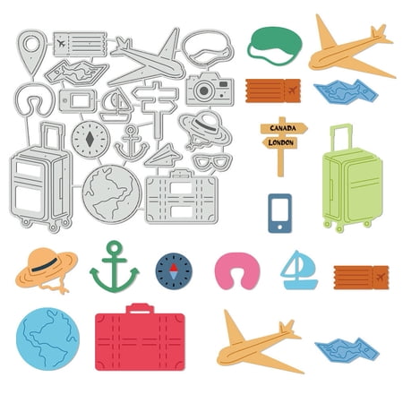 18Pcs Globe Travel Metal Cutting Dies Stencils for Card Making Suitcase Camera Die Cuts Paper Embossing Cutting Dies Kit Templates Storage