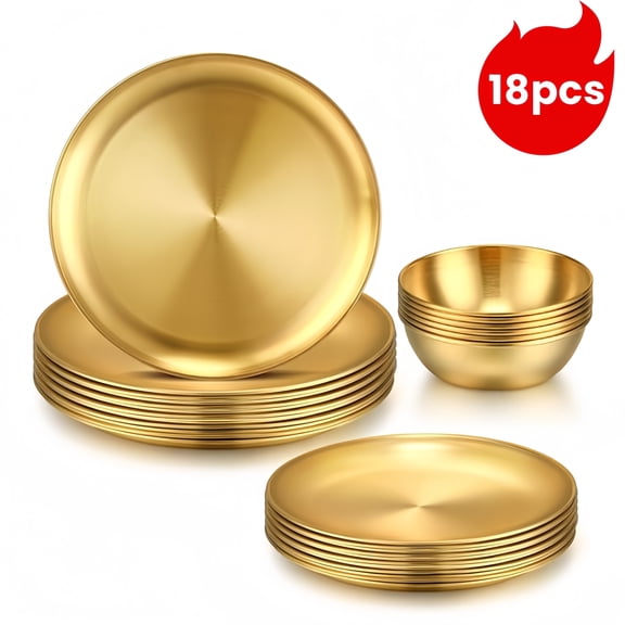 18Pcs Golden Stainless Steel Dinnerware Set for 6, Stackable Plates Dishes & Bowls, Perfect for Kitchen & Outdoor Use