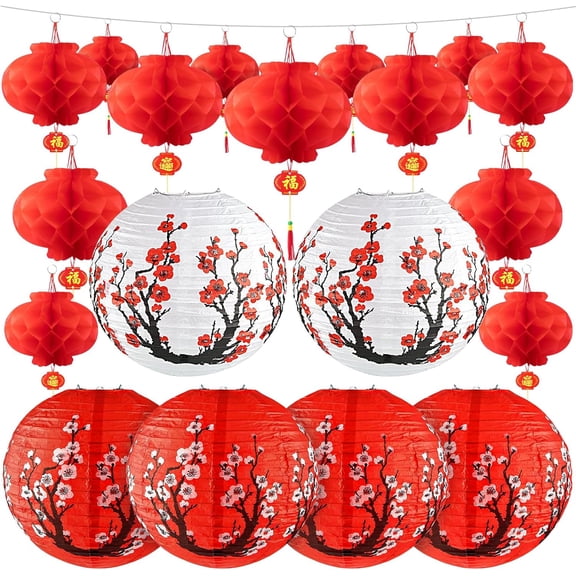 18Pcs Hibachi Party Decorations, 12" Cherry Blossom Japanese Lantern & 14" Red Chinese Lanterns Set, Asian Theme Supplies Lunar New Year Decorations