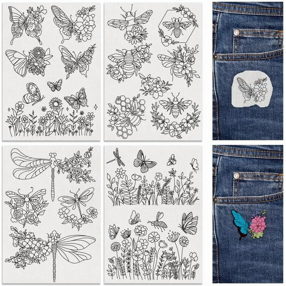 18Pcs Insects Flying In Flowers Embroidery Pattern Stabilizers 8.3"x11.7" Butterfly Dragonfly Bee Water Soluble Stick and Stitch Embroidery Sticker 4 Sheets Hand Sewing DIY Embroidery Transfer Paper