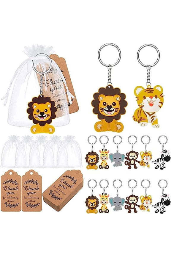 18Pcs Jungle Animal Keychains Baby Shower Keyring Ornament Zoo Animals Decoration with Thanks and Organza Bags