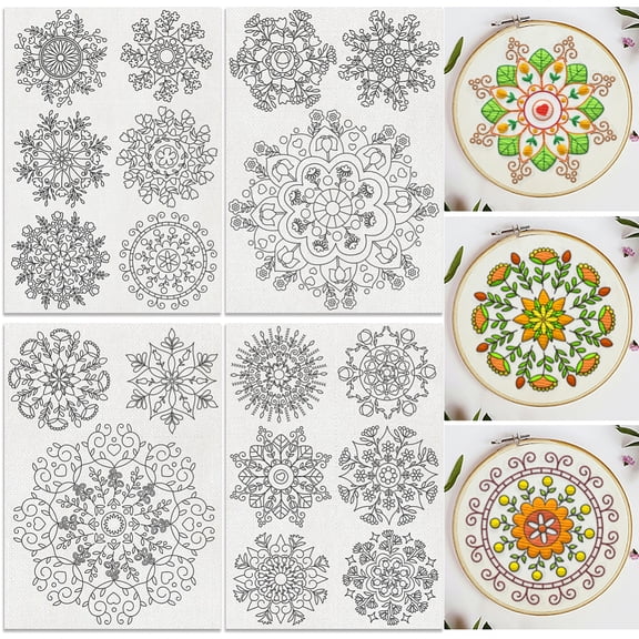 18Pcs Mandala Flower Water Soluble Hand Sewing Stabilizers 8.3"x11.7" Snowflake Mandala Embroidery Pattern Stabilizer 4 Sheets Stick