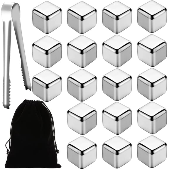 18Pcs Metal Ice Cube,Reusable Whiskey Stones,Stainless Steel Ice Cubes,Refreezable Chilling Ice Cubes,Metal Chilling Rocks with Tongs and Drawstring Bag for Whiskey Vodka Juice Milk Soda