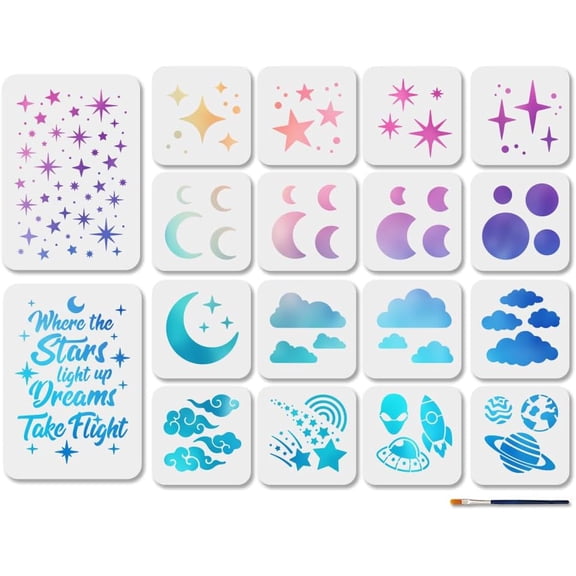 18Pcs Moon Star Cloud Stencil Universe Spaceship Art Craft Stencils 6×6/11.7×8.3inch Dreamy Night Sky Template Set for DIY