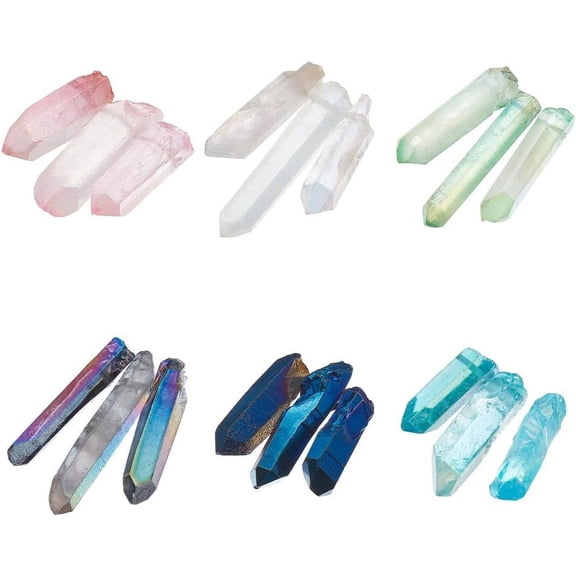 18Pcs Natural Quartz Points 6 Colors Quartz Points 1mm Hole Natural Quartzs Crystals Beads Electroplated Crystals Point Loose Beads DIY