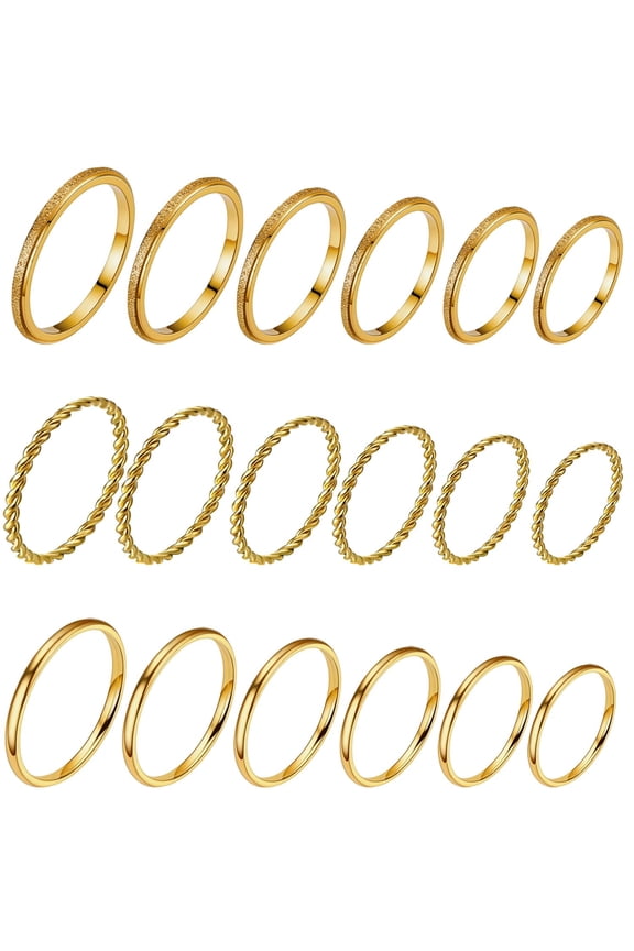 18Pcs No Tarnish Stainless Steel Thin Rings, PVD Gold Plated, 2mm, Bulk Stackable Band Rings for Women & Men