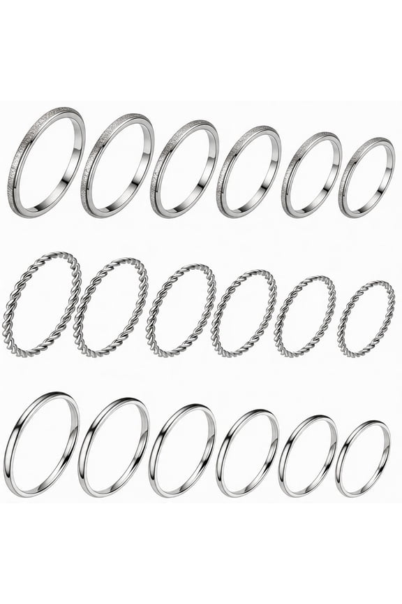 18Pcs No Tarnish Stainless Steel Thin Rings, PVD Gold Plated, 2mm, Bulk Stackable Band Rings for Women & Men