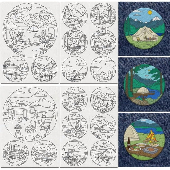 18Pcs Outdoor Camp Water Soluble Hand Sewing Stabilizers 8.3"x11.7" Mountain Tree Camping Embroidery Pattern Stabilizer 4 Sheets RV Picnic Travel Stick and Stitch Embroidery Paper Sticker for DIY