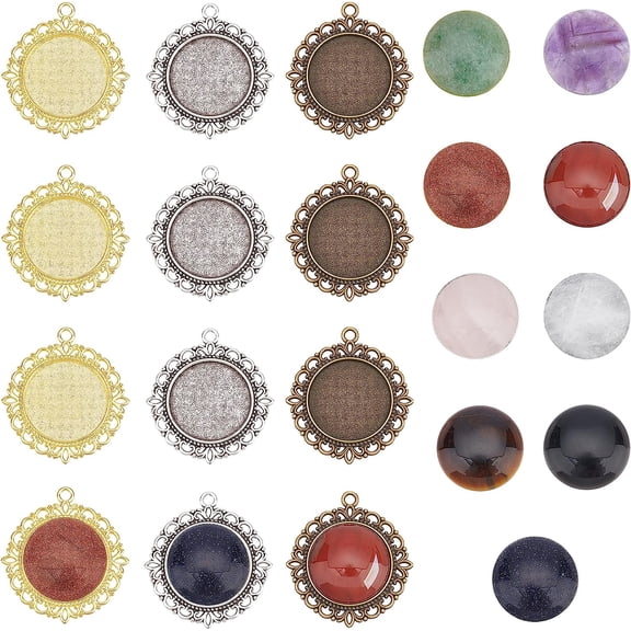 18Pcs Oval Pendant Making Kit Include 9 Pcs 3 Colors Natural Gemstone Cabochons with 9 Colors Pendant Cabochon Settings for DIY Jewelry Making Necklace Bracelet