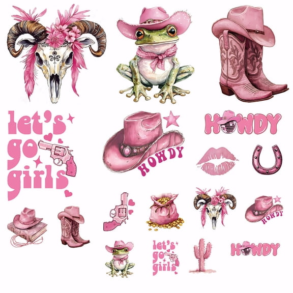 18Pcs Pink Series Cowgirl Theme Heat Transfer Stickers Cow Frog Horseshoe Iron on Transfers Iron on Patches Stickers Washable Sticker Paper