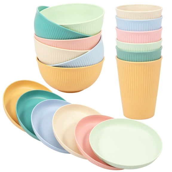 18Pcs Plastic Striped Camping Plates Bowls for Kids and Elderly Reusable Stackable Picnic Cups Plates Multipurpose Dishwasher Safe Dinnerware Set for Party Home