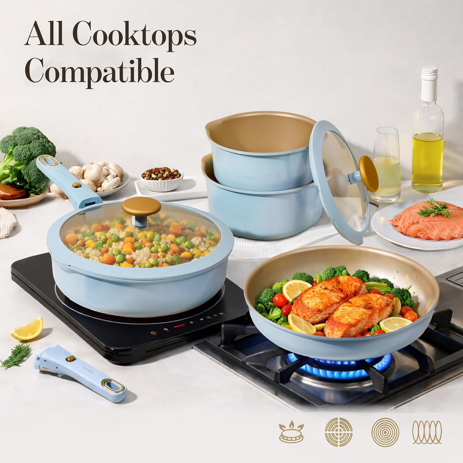 18-Piece  Reinforced Nonstick Cookware Set with Detachable Handles, Blue Induction Pots and Pans for Home Kitchen