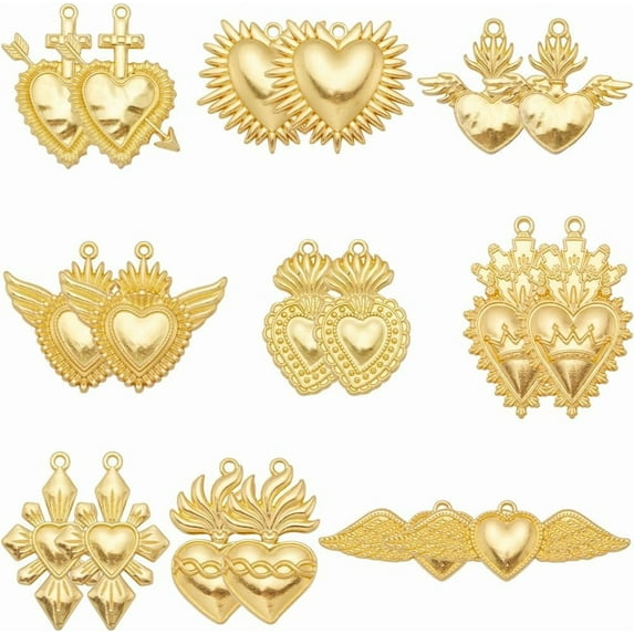 18Pcs Sacred Heart Charms Gothic Charms Bulk Gold Mexican Love Shape Holiday Charm for Jewelry Making Charms Women Adult DIY Necklace Bracelet Earring Gift Craft Accessories Supply