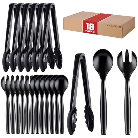 18Pcs Serving Utensils, 10'' Plastic Serving Utensils Set, Large Disposable Serving Spoons for Buffet, Tongs for Serving Food, Party Supplies for Salad Soup Noodles Dinner Catering(Black)