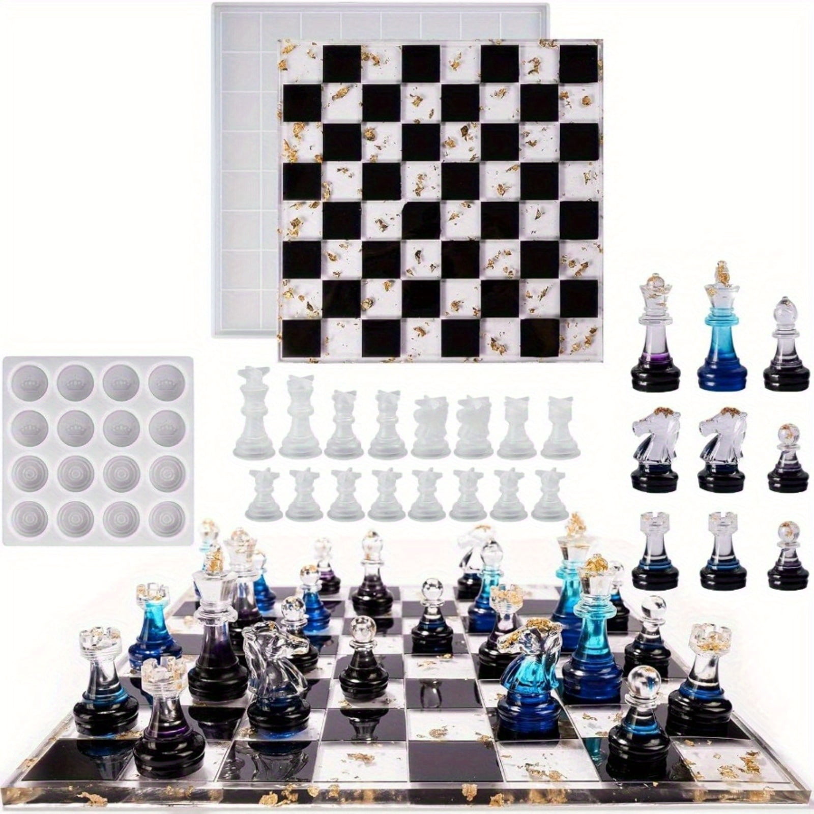 18Pcs/Set Chess Resin Molds, Epoxy Resin Chess Set Molds, Containing 16 Pieces Chess Checkers and Chess Board Epoxy Silicone Molds, Resin Casting Molds for DIY Chess Board Making