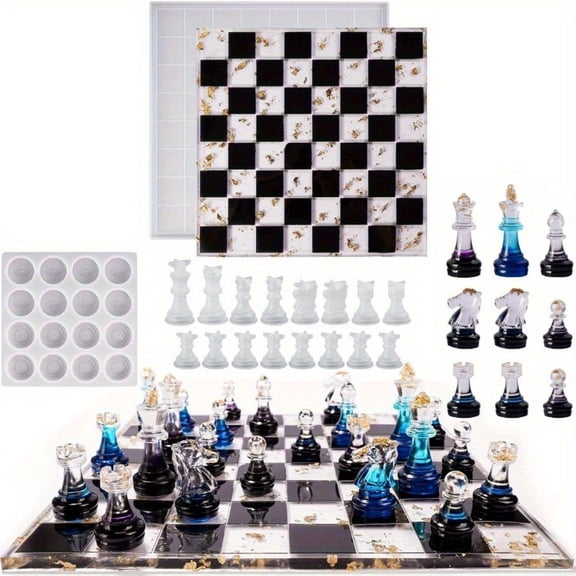 18Pcs/Set Chess Resin Molds, Epoxy Resin Chess Set Molds, Containing 16 Pieces Chess Checkers and Chess Board Epoxy Silicone Molds, Resin Casting Molds for DIY Chess Board Making