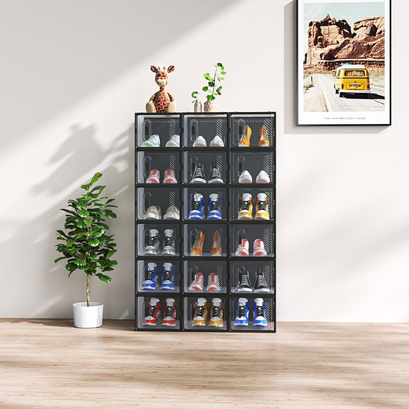 18Pcs Shoe Box Set, Medium Black Plastic Mesh Modular Design for Home Storage, 35.00*25.00*19.00cm